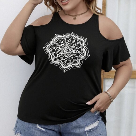 Shein Plus Cold Shoulder Floral Tee Size 4XL Black Mandala Boho Top Casual Loose - Picture 4 of 6